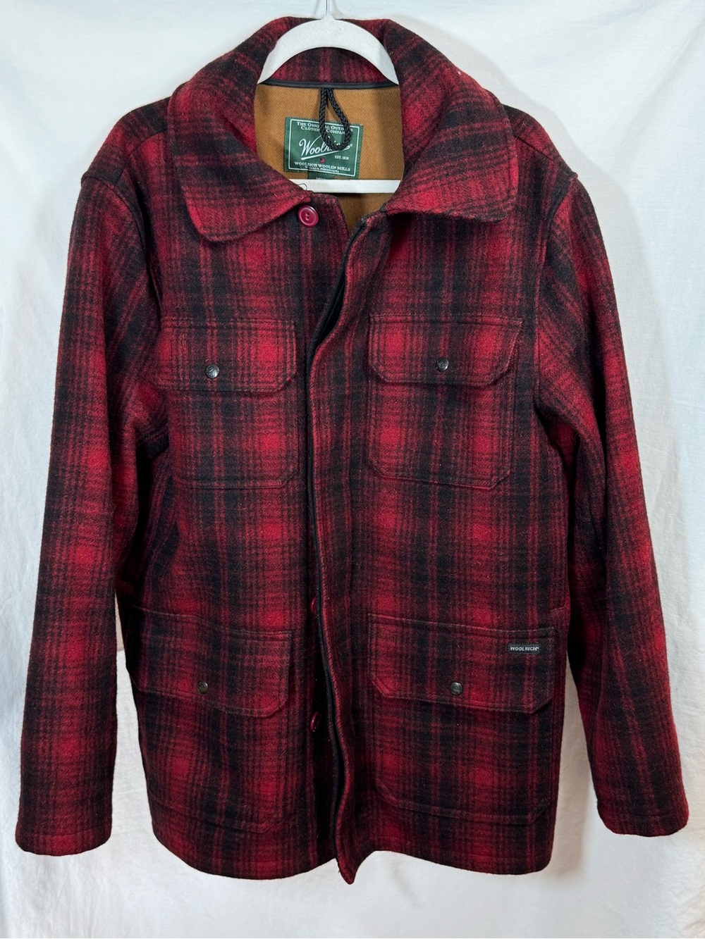 Woolrich Men’s Red Black Plaid Field Jacket Wool Coat Hunting Warm Heavy